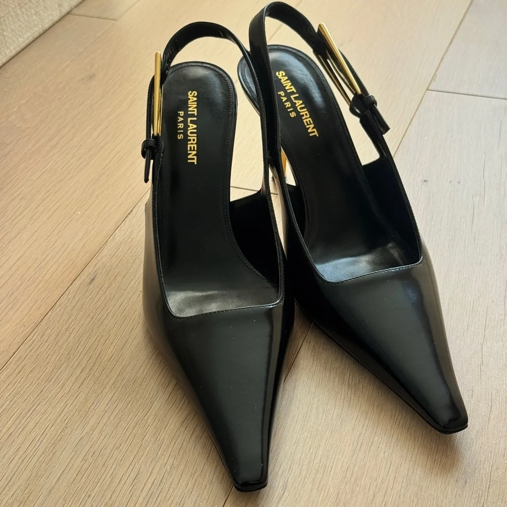Saint Laurent Black Patent Leather Pointed Slingback Pumps with Gold Buckle - Picture 2 of 4